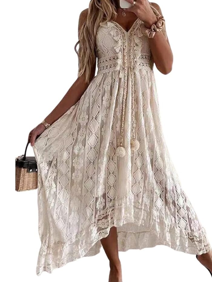 CUPSHE Women's Summer Dresses Sleeveless Lace Casual Tassel Beach Spaghetti Straps Flowy Maxi Sun Dress