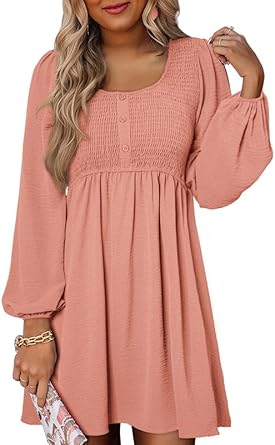 Dokotoo Womens 2024 Casual Dress Smocked Crewneck Button Up Long Sleeve Empire Waist A-Line Mini Dress