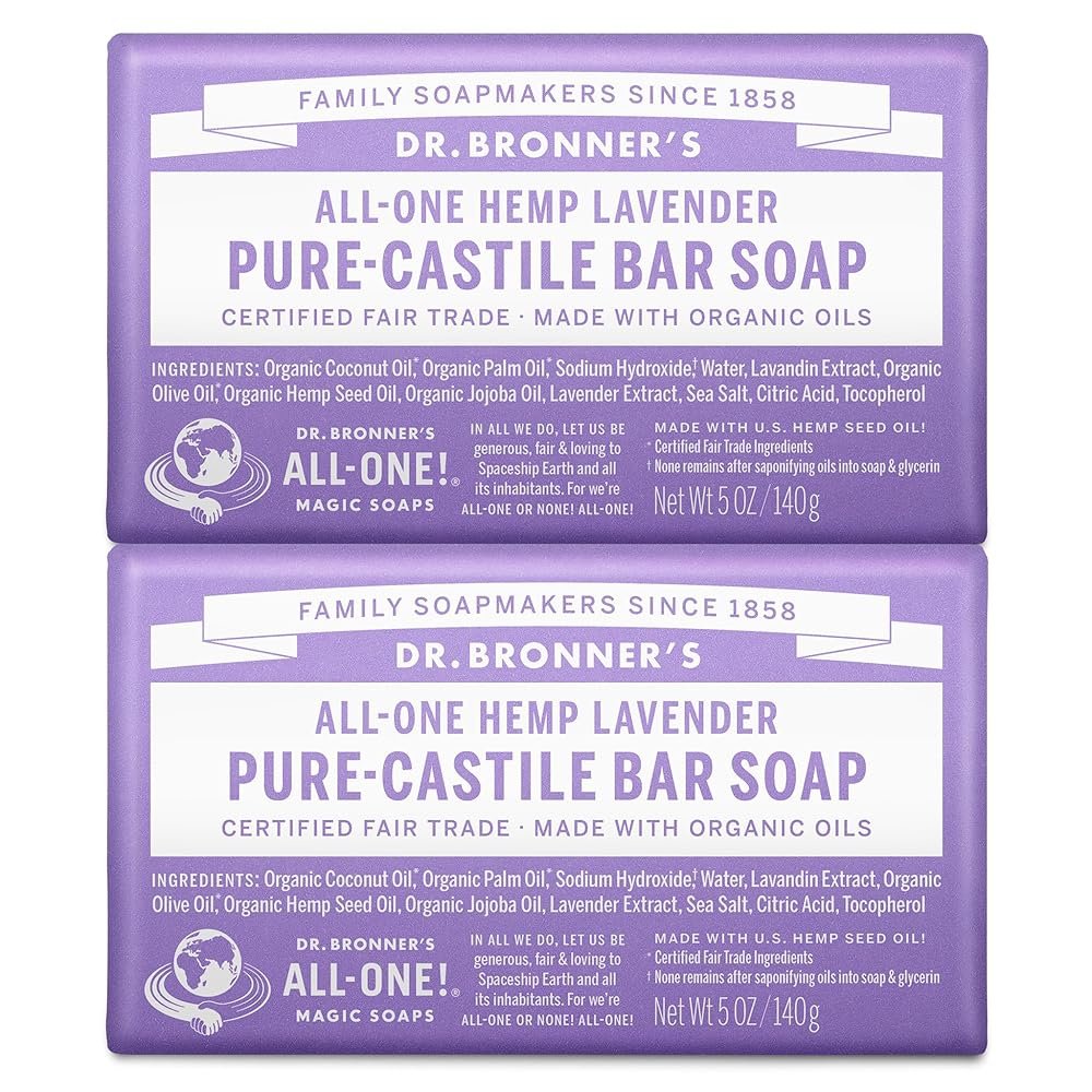 Dr. Bronner’s Pure-Castile Bar Soap – Made with Regenerative Certified Organic Oils – For Face, Body, Hair- Gentle on Sensitive Skin Soap Bar for Men & Women Lavender, 2 pack, 10oz