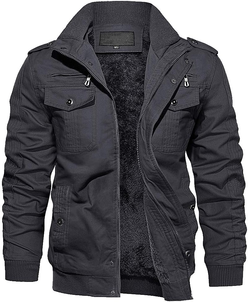 EKLENTSON Men’s Thick Thermal Winter Jacket with Multi Pockets Zip Front Fleece Lined Military Jacket for Men