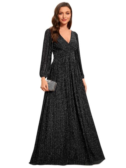 Ever-Pretty Women's V Neck Ruched High Waist Long Sleeves Floor Length Glitter Evening Dresses 01961