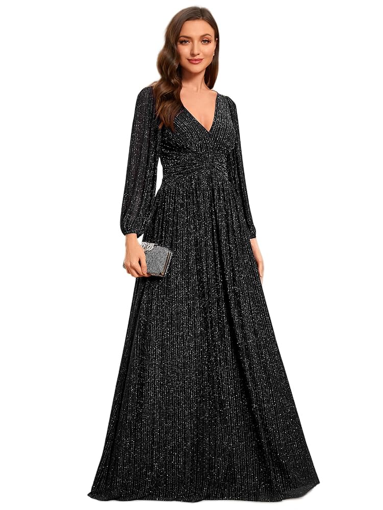 Ever-Pretty Women’s V Neck Ruched High Waist Long Sleeves Floor Length Glitter Evening Dresses 01961