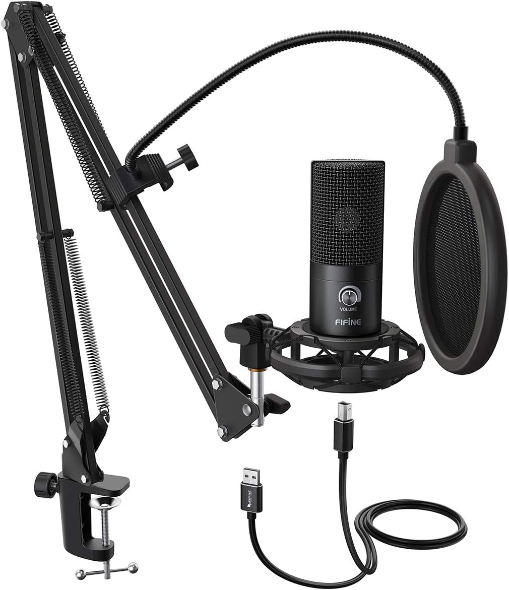 FIFINE Studio Condenser USB Microphone Computer PC Microphone Kit with Adjustable Boom Arm Stand Shock Mount for Instruments Voice Overs Recording Podcasting YouTube Vocal…