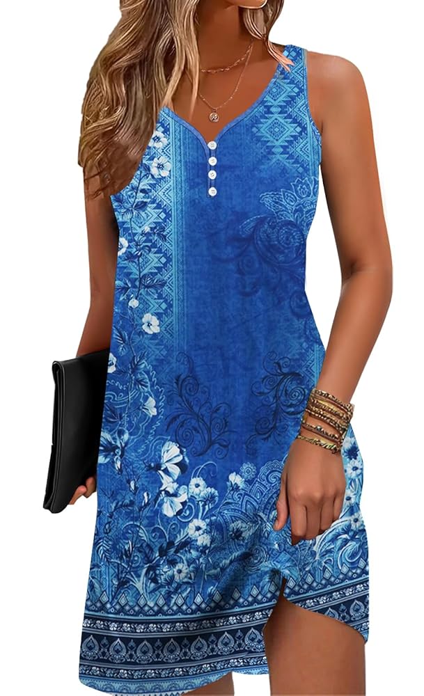 Floral Printed Summer Dresses A-Line Elegant Dress Womens Vintage Sleeveless Beach Sundress