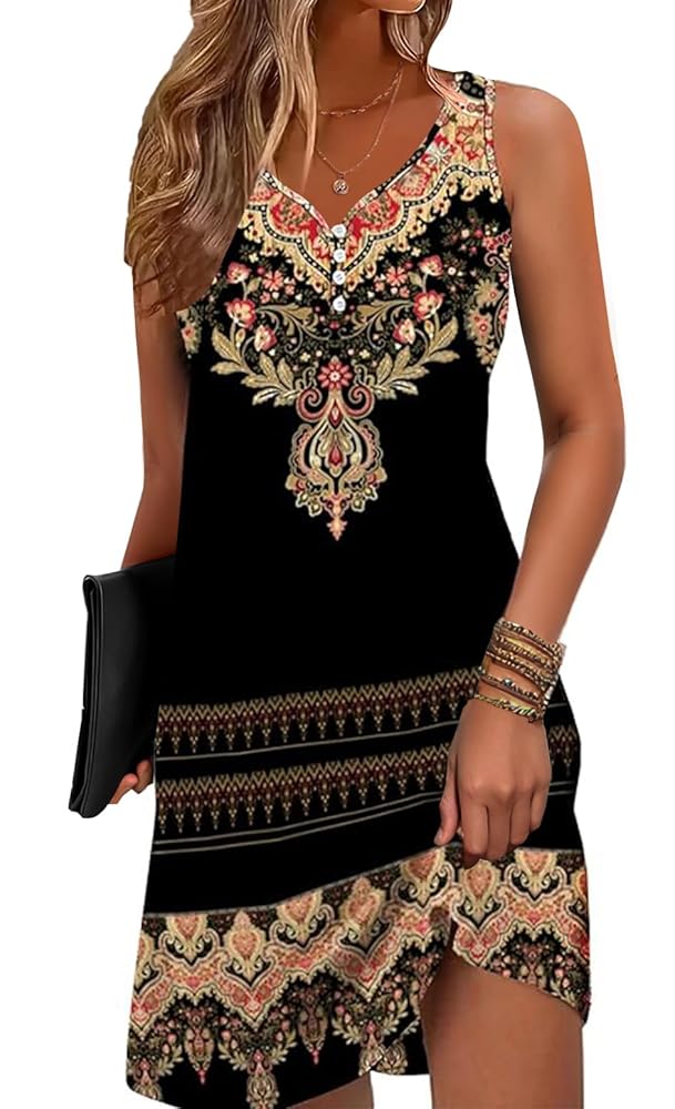 Floral Printed Summer Dresses A-Line Elegant Dress Womens Vintage Sleeveless Beach Sundress