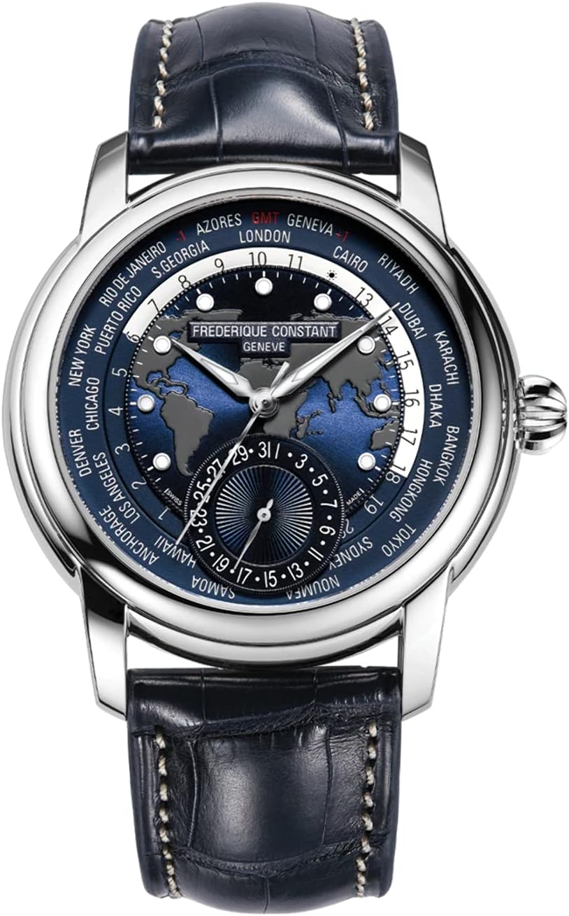 Frederique Constant Men’s FC718NWM4H6 Worldtimer Automatic Watch With Blue Leather Band