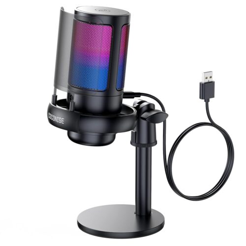 Gaming Microphone, USB PC Mic for Podcasts Videos, Streaming, Condenser Mic with Quick Mute, Tripod Stand, Pop Filter, RGB Indicator, Shock Mount, Rotate gain button, Compatible...