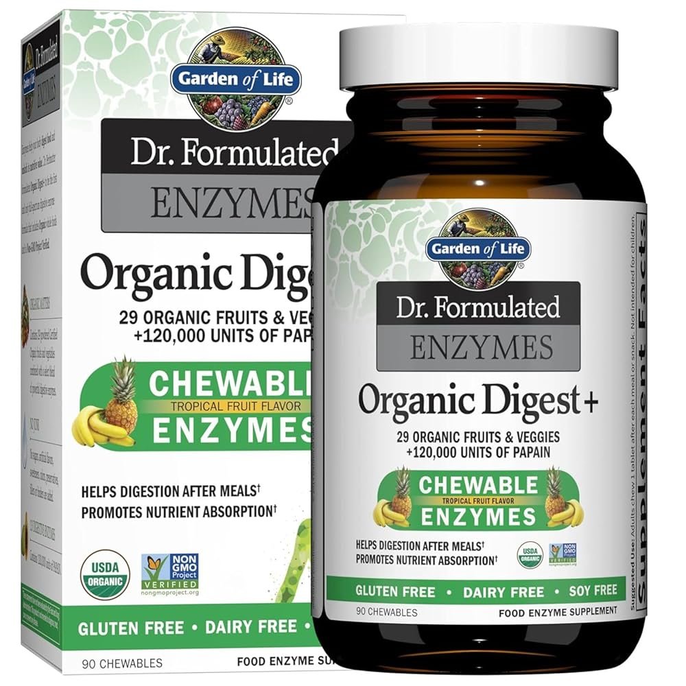 Garden of Life Dr Formulated Digestive Enzymes with Papain, Bromelain, Lipase for Digestion & Nutrient Absorption – Organic Digest+ – Vegan, Gluten-Free, Non-GMO, Tropical Fruit…