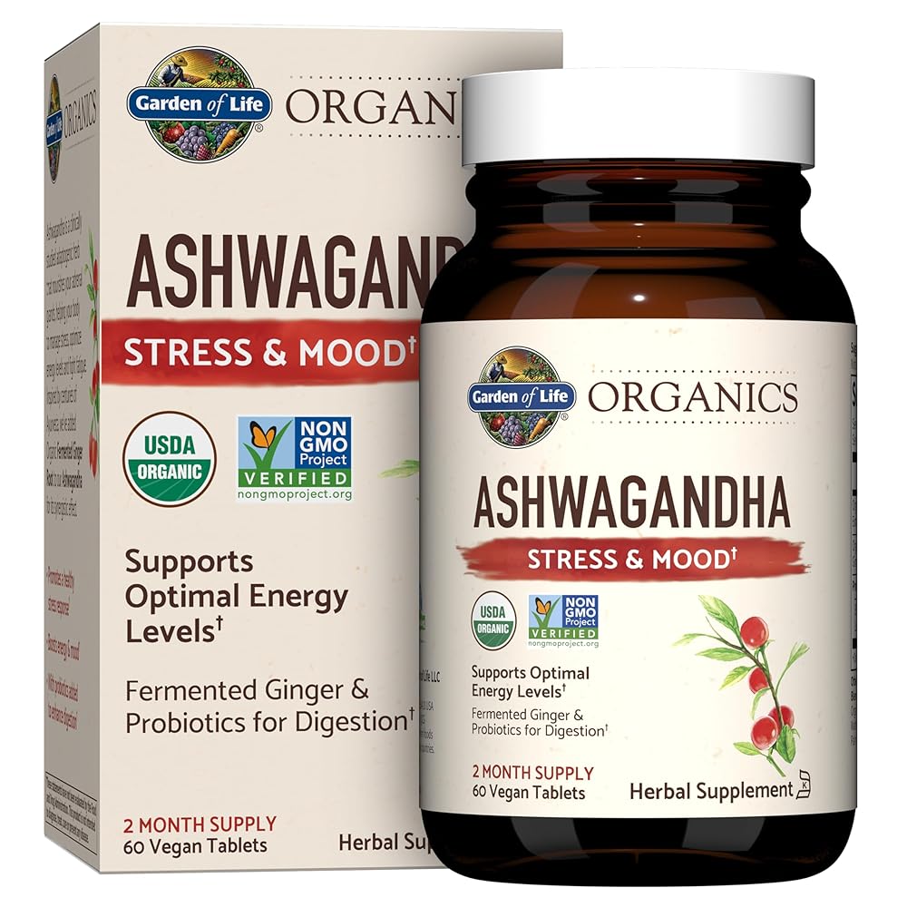 Garden of Life Organics Ashwagandha Stress, Mood & Energy Support Supplement with Probiotics & Ginger Root for Digestion – Vegan, Gluten Free, Non GMO – 2 Month Supply, 60 Tablets