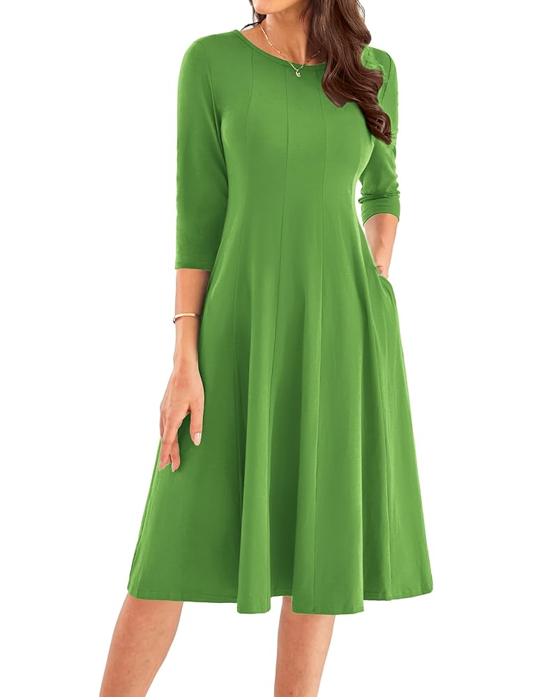 GRACE KARIN Womens 2025 Trendy Crew Neck 3/4 Sleeve A Line Loose Casual Midi Dress with Pockets