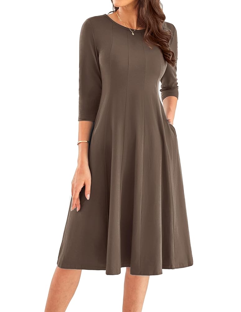 GRACE KARIN Womens 2025 Trendy Crew Neck 3/4 Sleeve A Line Loose Casual Midi Dress with Pockets