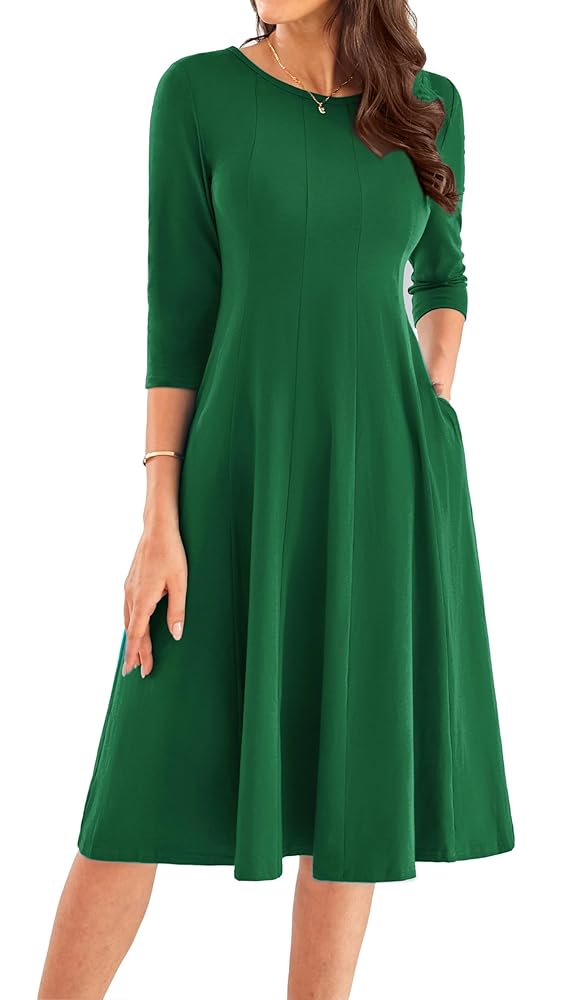 GRACE KARIN Womens 2025 Trendy Crew Neck 3/4 Sleeve A Line Loose Casual Midi Dress with Pockets