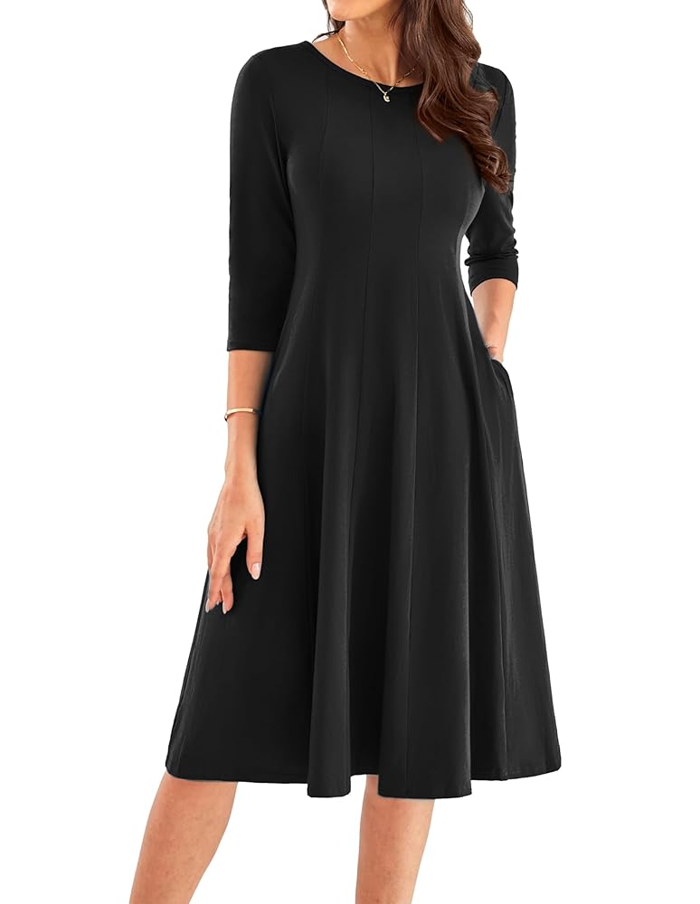 GRACE KARIN Womens 2025 Trendy Crew Neck 3/4 Sleeve A Line Loose Casual Midi Dress with Pockets