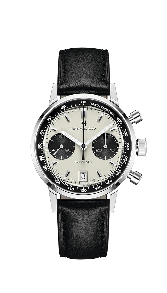 Hamilton Watch American Classic Intra-Matic Auto Chrono | Swiss Made | 40mm Stainless Steel Case | White Dial Analog Watch | Black Leather Strap (Model: H38416711)
