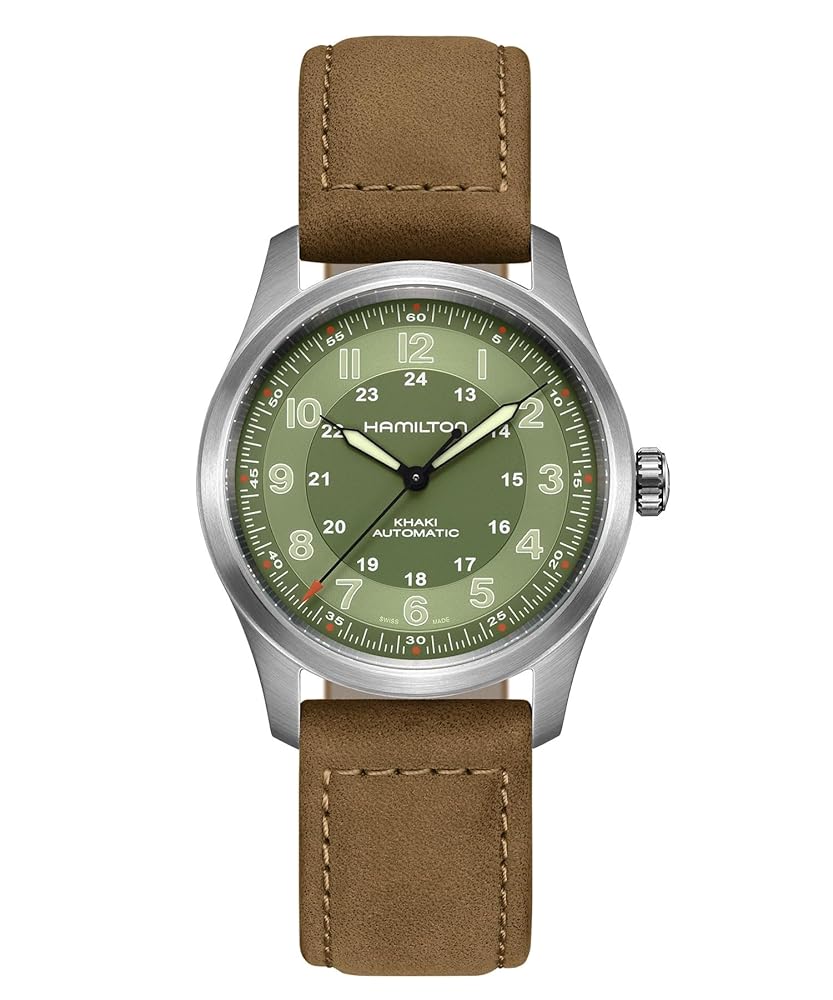 Hamilton Watch Khaki Field Titanium Auto | Swiss Made | 38mm Titanium Case | Green Dial Analog Watch | Brown Leather Strap (Model: H70205860)