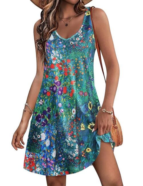 HOTOUCH Women's Casual Sundress with Pockets Summer Boho Beach Dress Floral T-Shirts Dress V Neck Loose Tank Dresses