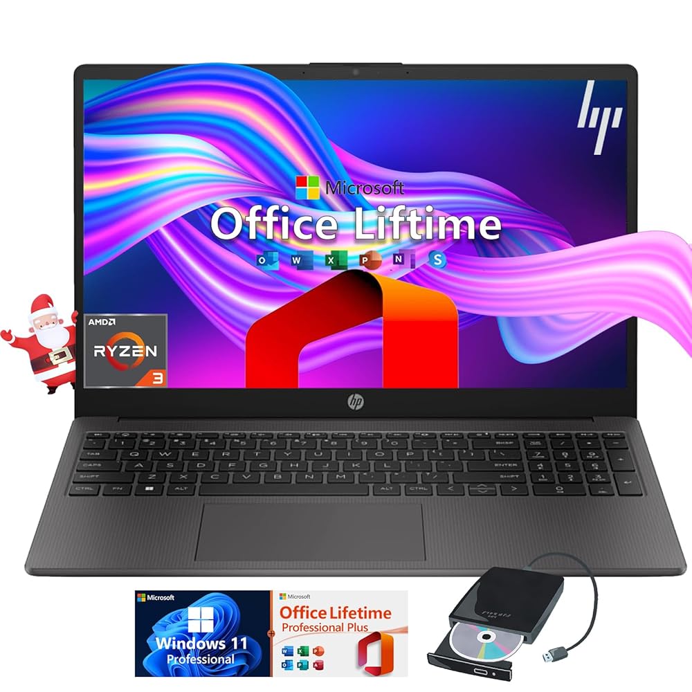 HP 255-G10 Business Laptop Computer – w/Microsoft Office Lifetime & Free CD/DVD Drive – 15.6″ Full HD – Ryzen 3 7330U (Beat Intel i5-1135G7) – Wi-Fi 6 -Win 11 Pro w/Laptop…
