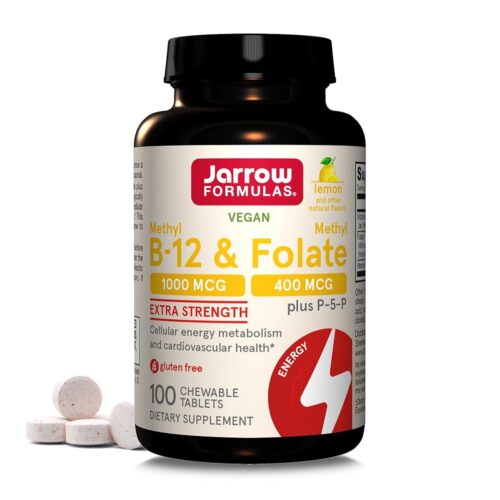 Jarrow Formulas Extra Strength Methyl B-12 1000 mcg & Methyl Folate 400 mcg + P-5-P, Dietary Supplement for Cellular Energy Metabolism and Cardiovascular Support, 100 Chewable...