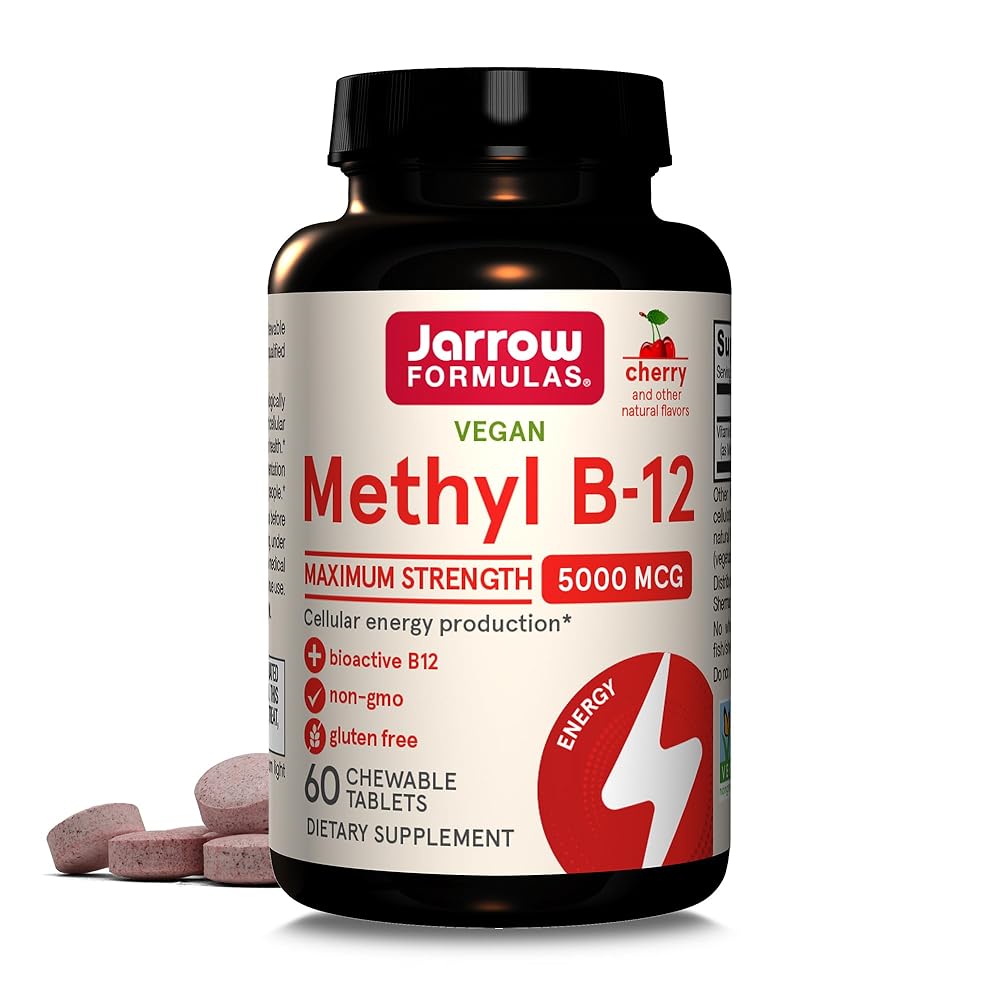 Jarrow Formulas Maximum Strength Methyl B-12 5000 mcg, Dietary Supplement for Cellular Energy Production and Brain Health Support, 60 Cherry-Flavored Chewable Tablets, 60 Day…