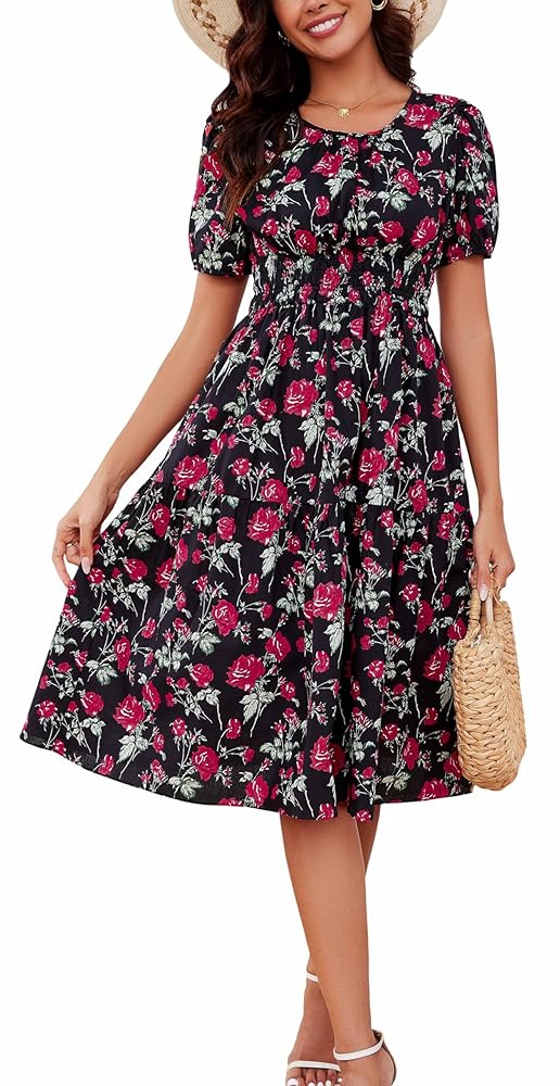 Kormei Women Summer Casual Boho Floral Round Neck Short Sleeve Smocked Waist Tiered Flowy Swing Midi Dress