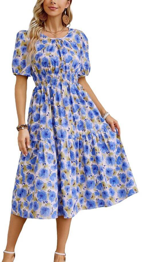 Kormei Women Summer Casual Boho Floral Round Neck Short Sleeve Smocked Waist Tiered Flowy Swing Midi Dress
