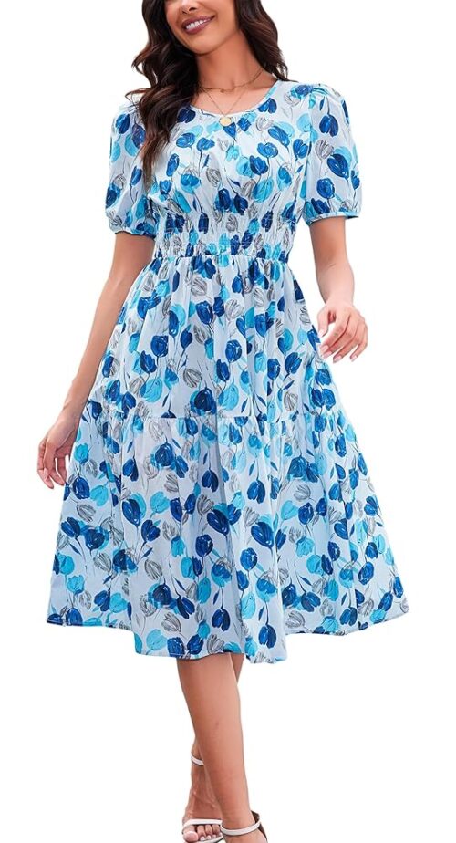 Kormei Women Summer Casual Boho Floral Round Neck Short Sleeve Smocked Waist Tiered Flowy Swing Midi Dress