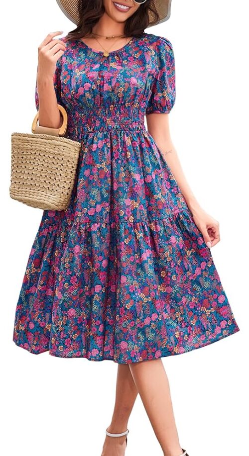 Kormei Women Summer Casual Boho Floral Round Neck Short Sleeve Smocked Waist Tiered Flowy Swing Midi Dress