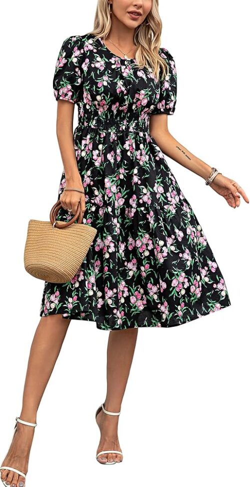 Kormei Women Summer Casual Boho Floral Round Neck Short Sleeve Smocked Waist Tiered Flowy Swing Midi Dress