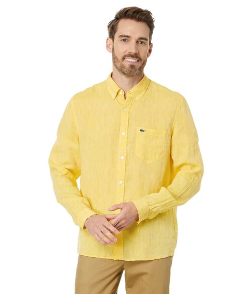 Lacoste Men's Contemporary Collection's Long Sleeve Regular Fit Linen Button Down Shirt with Front Pocket