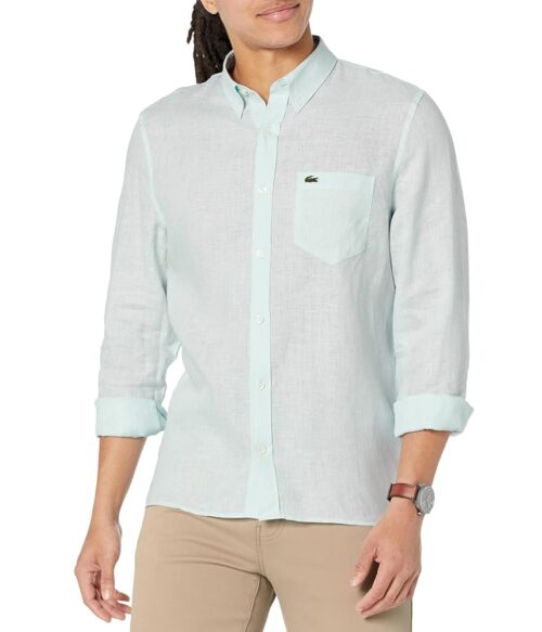 Lacoste Men's Contemporary Collection's Long Sleeve Regular Fit Linen Button Down Shirt with Front Pocket