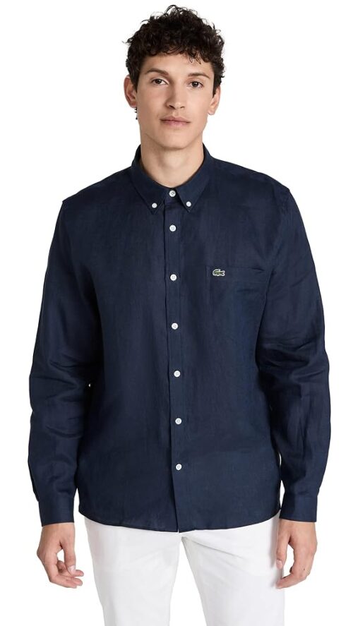 Lacoste Men's Contemporary Collection's Long Sleeve Regular Fit Linen Button Down Shirt with Front Pocket