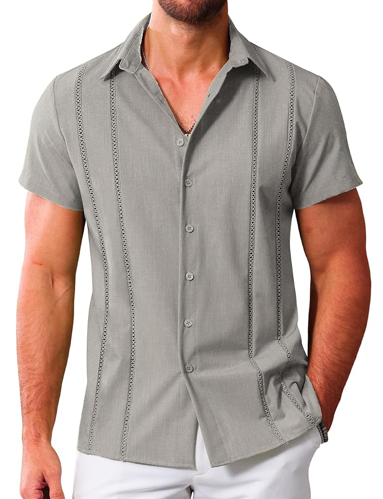 LETSEE Men’s Cuban Guayabera Shirt Short Sleeve Casual Button Down Shirts Summer Beach Linen Shirts