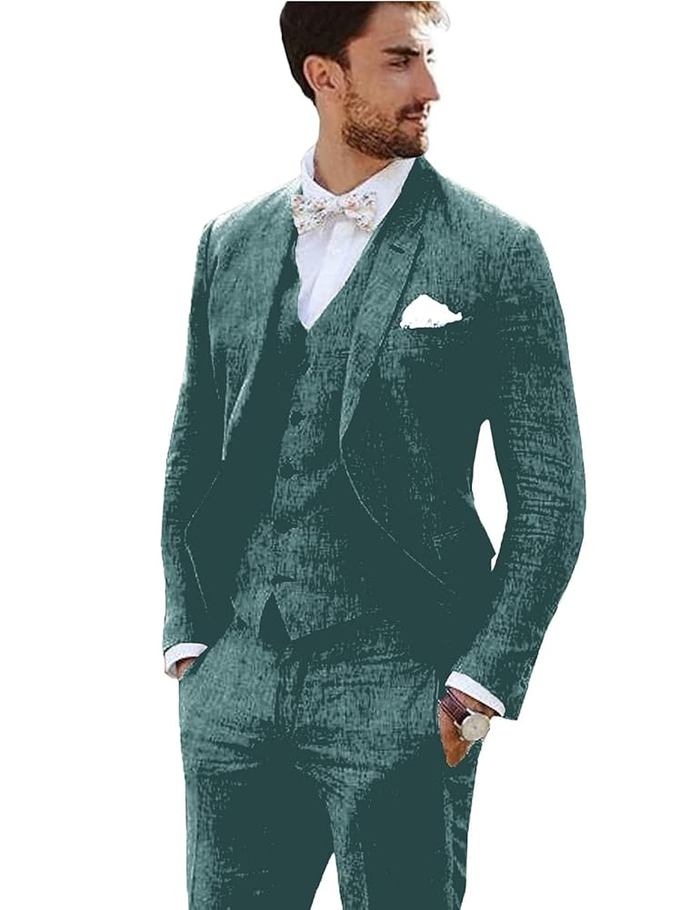 Linen Suit 3 Pieces Vintage Retro Wedding Prom Suits Slim Fit Jacket Blazer Groom Tuxedos