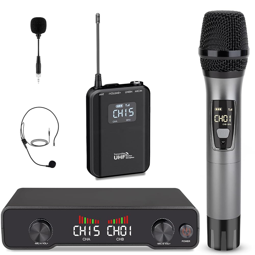 Lococo Wireless Microphone System MIC: Cordless Headset Microphones Bodypack Set – UHF Receiver 328ft Range Channels for Speaking, Singing Church DJ Stage Studio