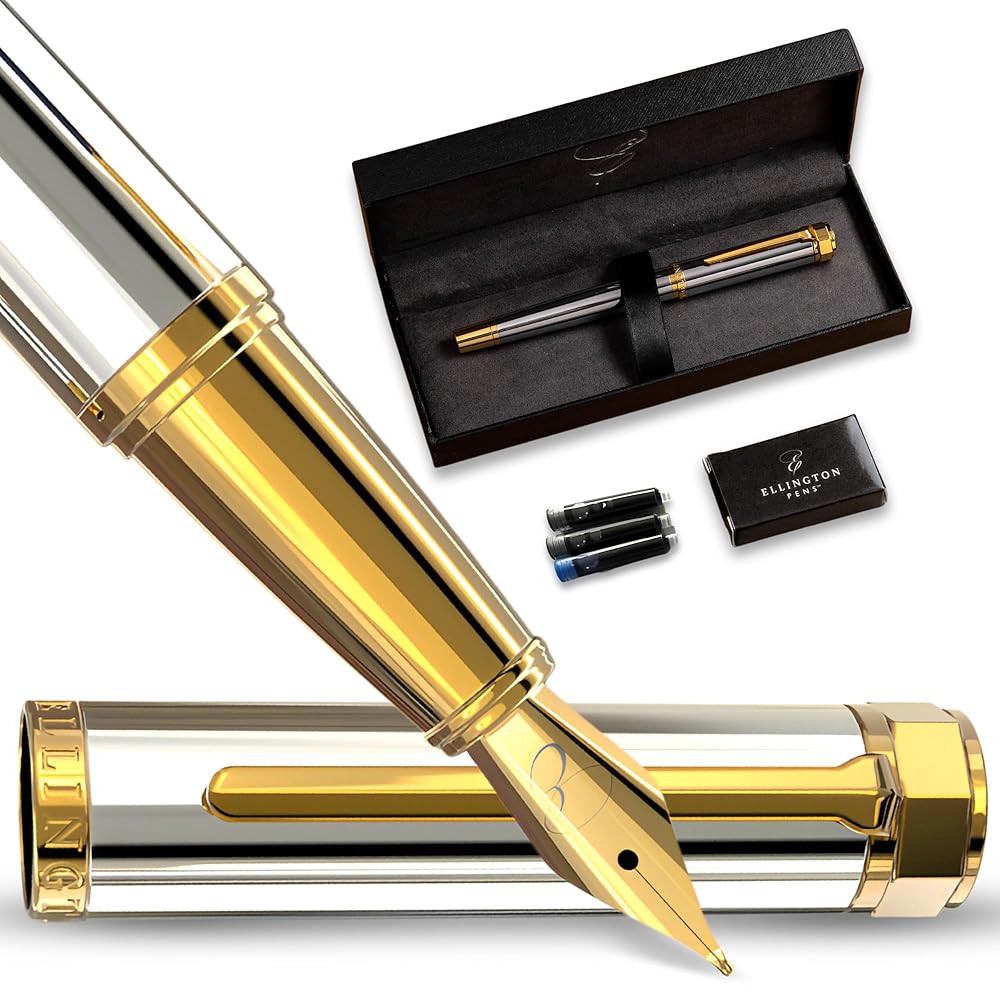 Luxury Fountain Pen Set- Fountain Pens for Writing – Smooth Medium Nib – Includes Refillable Ink Converter, 3 Ink Cartridges [Black & Blue], Gift Box – Elegant Calligraphy