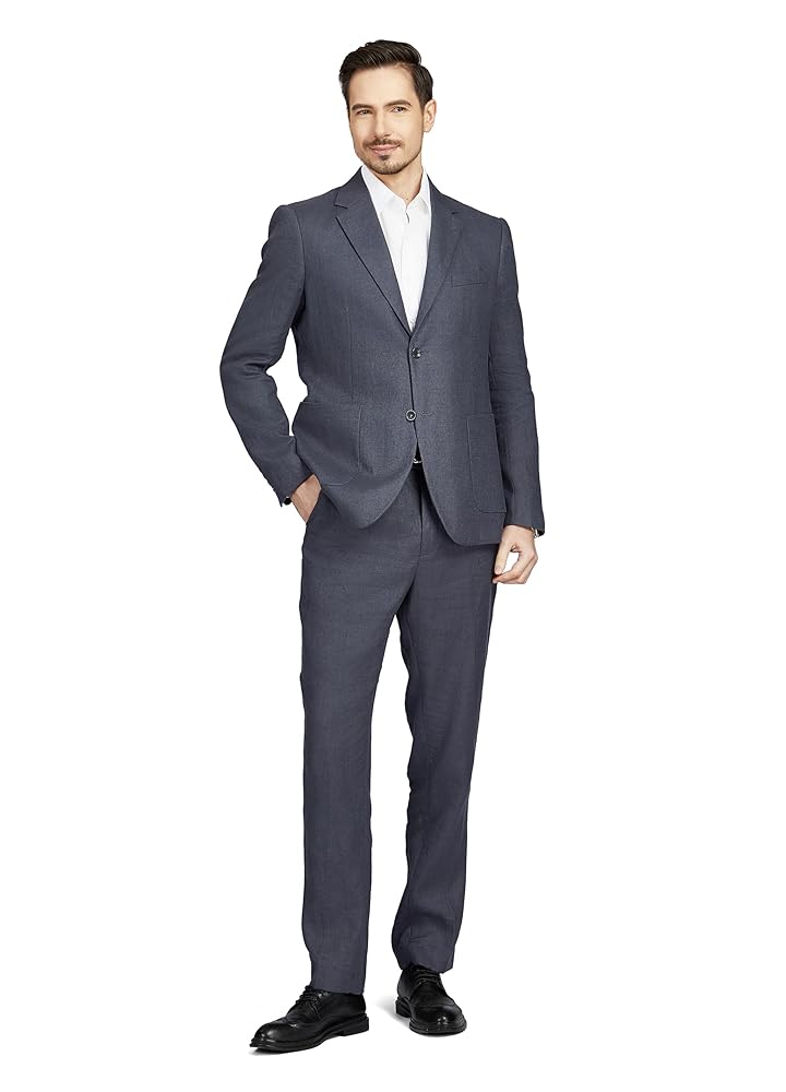Men’s 2 Piece 100% Linen Slim Fit Suit Two Buttons Blazer & Suit Pants Set Solid Business Suits
