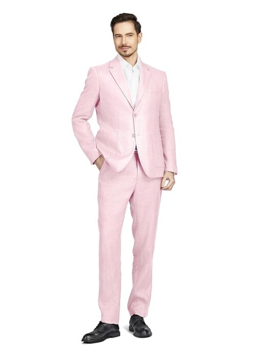 Men's 2 Piece 100% Linen Slim Fit Suit Two Buttons Blazer & Suit Pants Set Solid Business Suits