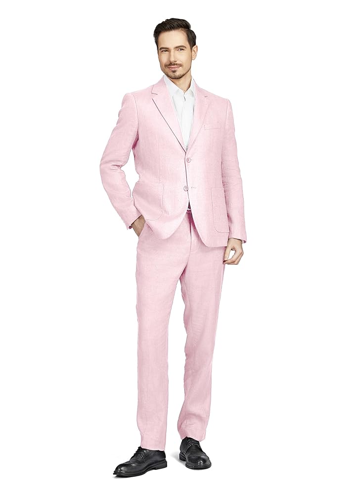 Men’s 2 Piece 100% Linen Slim Fit Suit Two Buttons Blazer & Suit Pants Set Solid Business Suits