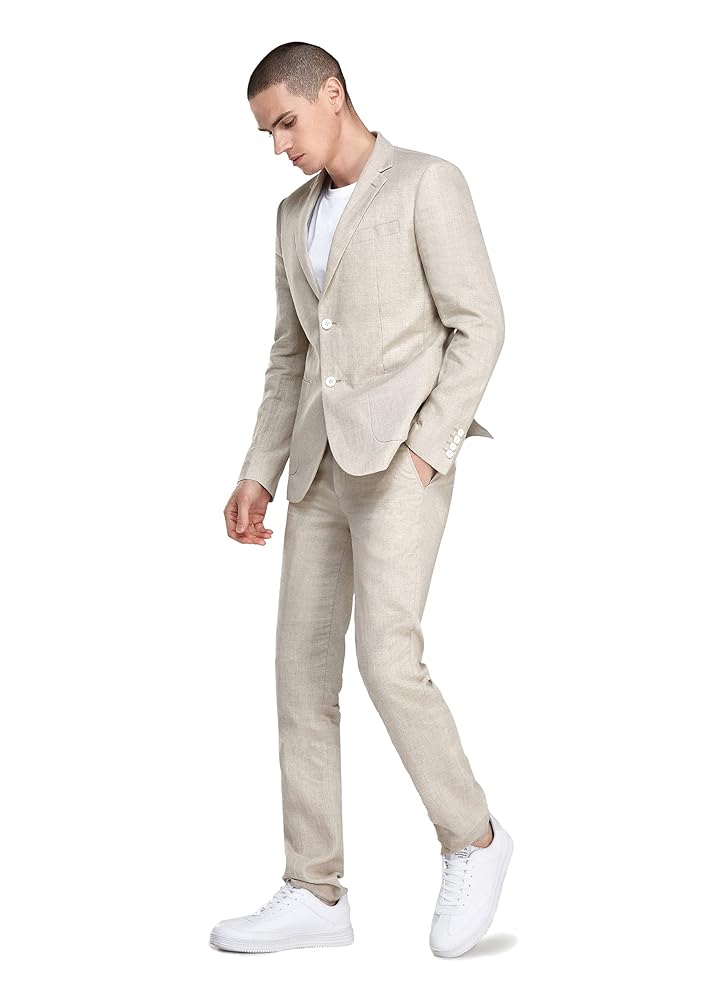 Men’s 2 Piece 100% Linen Slim Fit Suit Two Buttons Blazer & Suit Pants Set Solid Business Suits