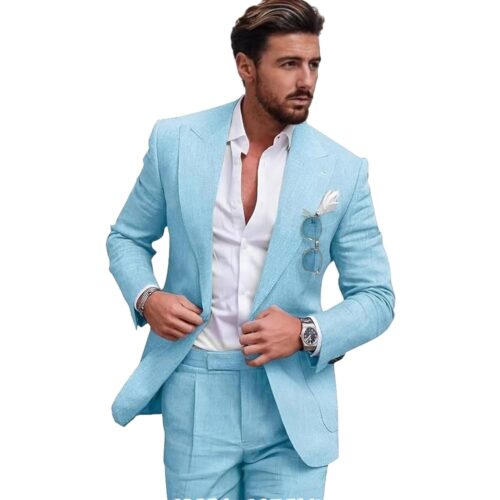 Mens Linen Suit for Beach Slim Fit 2 Piece Wedding Tuxedo for Men Casual Linen Suit Prom Party Suit
