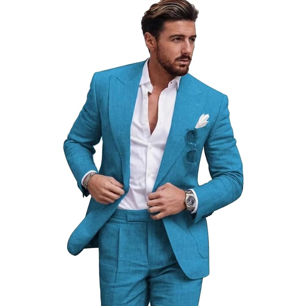 Mens Linen Suit for Beach Slim Fit 2 Piece Wedding Tuxedo for Men Casual Linen Suit Prom Party Suit
