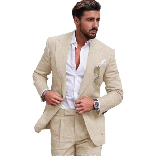 Mens Linen Suit for Beach Slim Fit 2 Piece Wedding Tuxedo for Men Casual Linen Suit Prom Party Suit