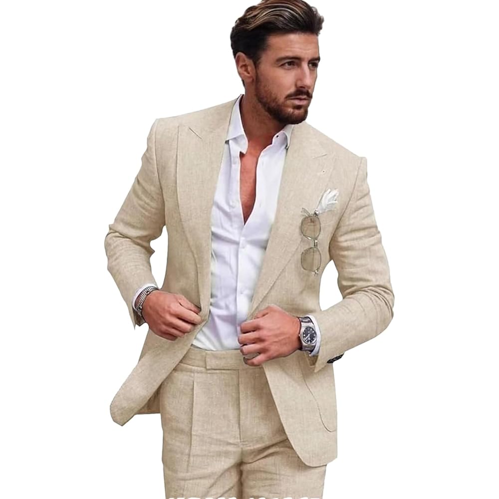 Mens Linen Suit for Beach Slim Fit 2 Piece Wedding Tuxedo for Men Casual Linen Suit Prom Party Suit