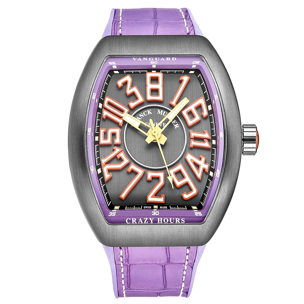 Men’s ‘Vanguard Crazy Hours’ Grey Dial Purple Rubber with Leather Insert Strap Automatic Watch 45CHTTBRORPRL