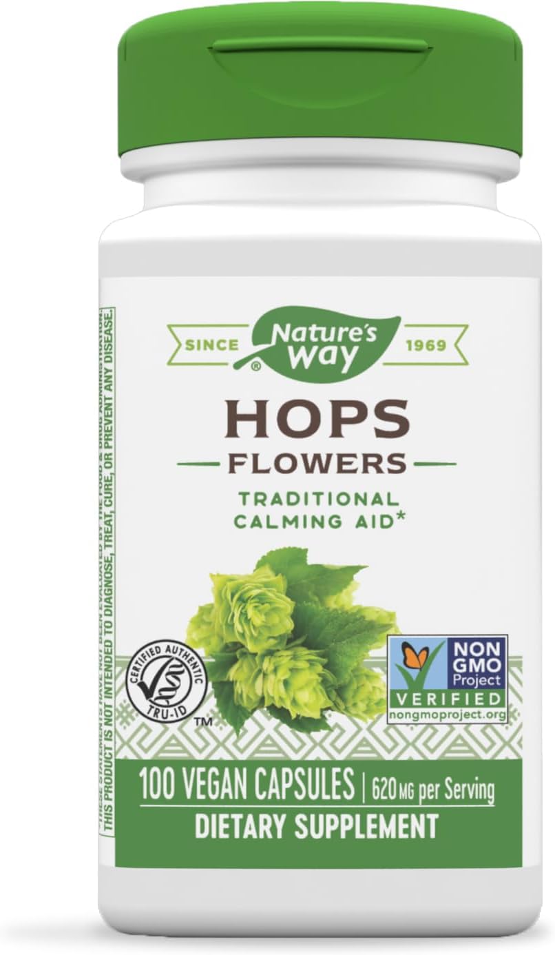 Nature’s Way Hops Flowers – Traditional Calming Aid* – 620 mg Hops Flowers per 2-capsule serving – Herbal Supplement – Vegan, Gluten Free & Dairy Free – 100 Capsules