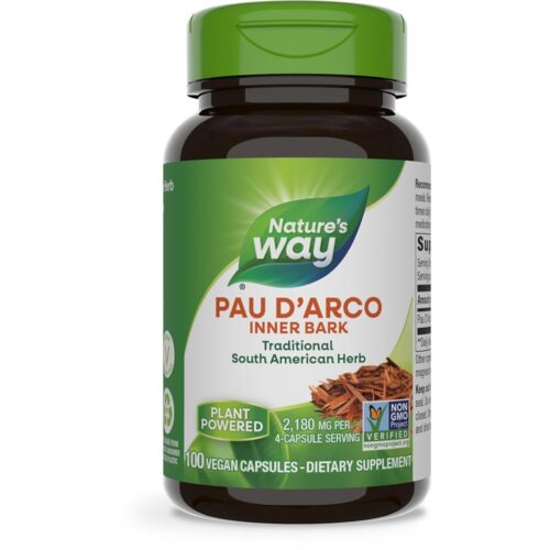 Nature's Way Pau d'Arco Inner Bark, Traditional South American Herb, 2,180 mg per 4-Capsule Serving, Non-GMO Project Verified, 100 Capsules (Packaging May Vary)