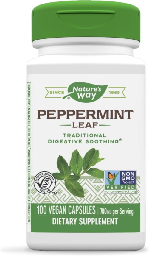 Nature's Way Premium Herbal Peppermint Leaf, Traditional Digestive Soothing and Discomfort Support*, 700mg per serving, 100 Capsules