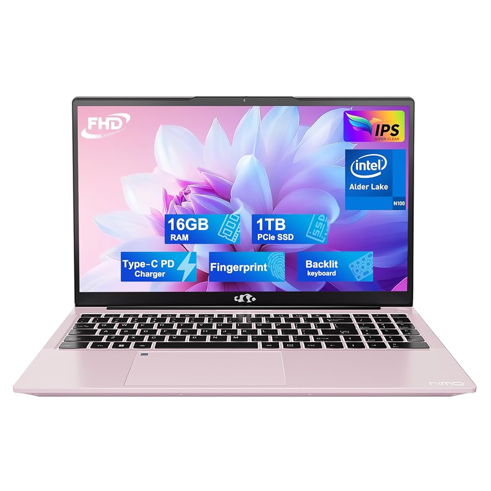 NIMO 15.6 FHD Student Laptop, 16GB RAM, 1TB SSD, Intel Pentium Quad-Core N100(Beat to i3-1115G4, Up to 3.4GHz), 2 Years Warranty, Backlit Keyboard, Fingerprint, Win 11, Rose Gold