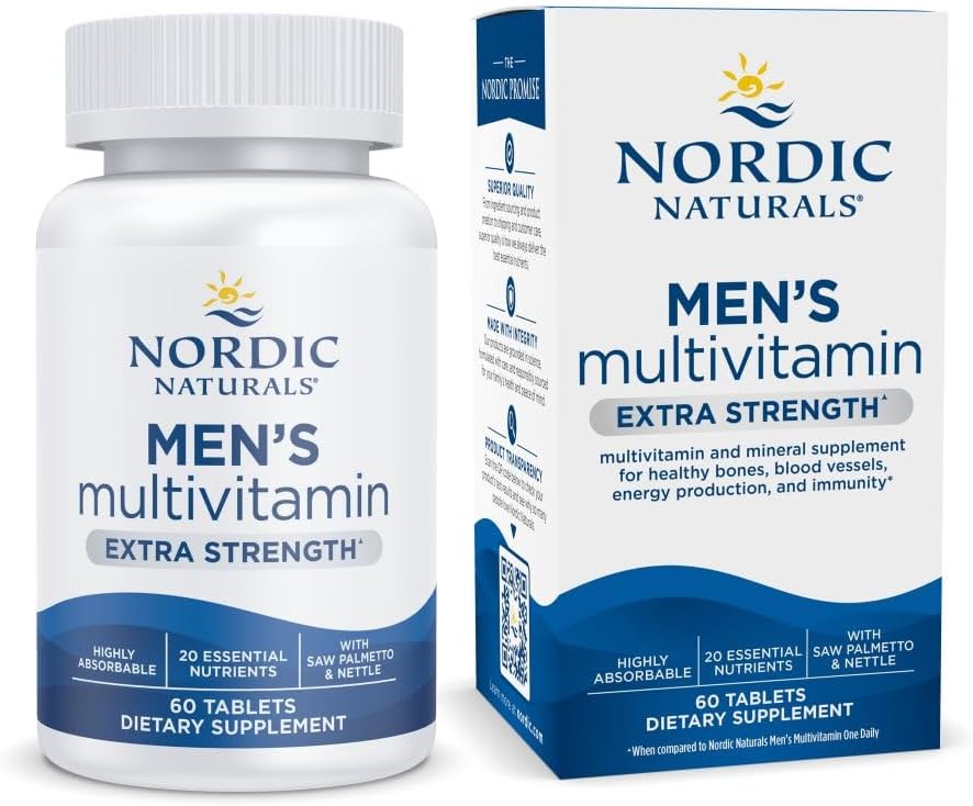 Nordic Naturals Men’s Multivitamin Extra Strength – Bone, Energy, & Blood-Vessel Support – Immunity Supplement – 20 Essential Nutrients – 60 Tablets – 30 Servings