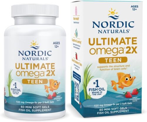 Nordic Naturals Ultimate Omega 2X Teen, Strawberry - 60 Mini Soft Gels - 1120 mg Total Omega-3s with EPA & DHA - Brain Health, Positive Mood, Social Development, Learning -...